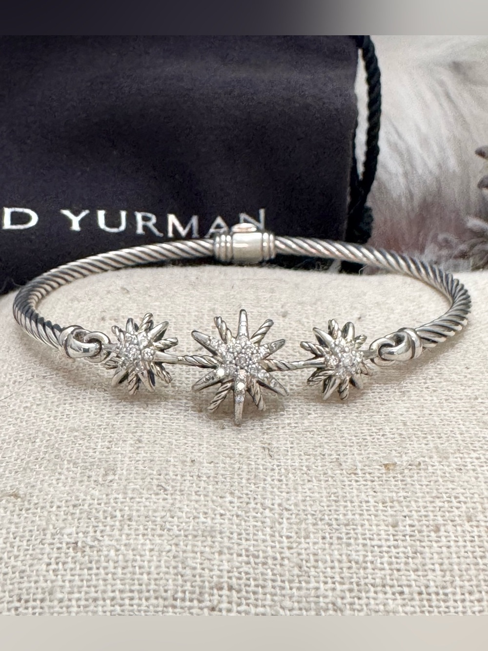 David Yurman .925 Sterling Silver Diamond Starburst Cable Bracelet Sz S